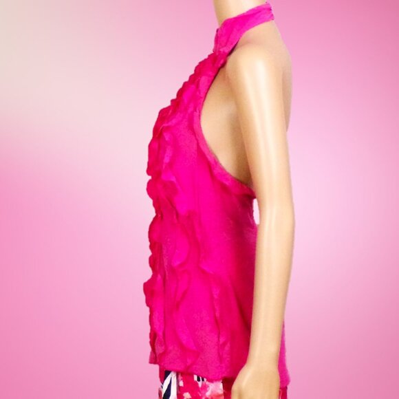 SILK! BCBGMAXAZRIA size XXS fuchsia sleevelesss frilly backless top 100% silk - Picture 9 of 14
